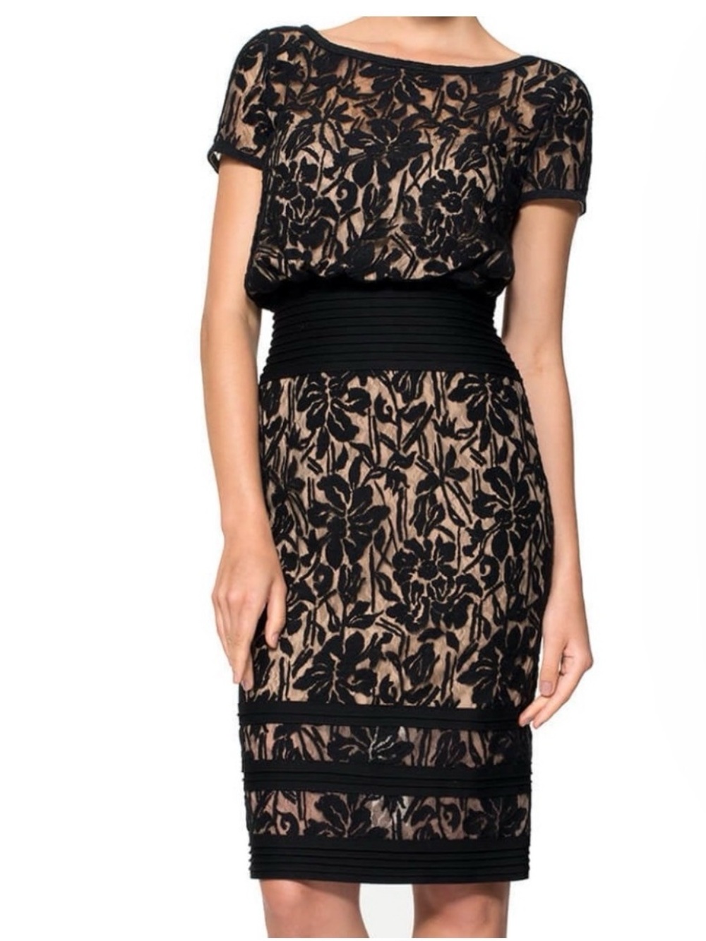 $398 Tadashi Shoji Black Lace Illusion Dress Evening Formal Black Tie 8 Petite
